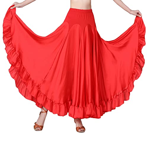 Damen Moderner Tanz Rock Walzer Tango Latein Tanz Ballsaal Kostüm Maxi Rock Flamenco Tanzrock Lange Rock Große Schaukel Rock Bauchtanz Kostüm,A-Rot,M von YOUCAI