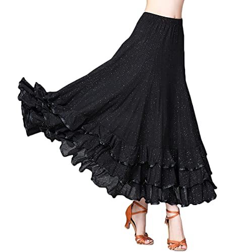 Damen Moderner Tanz Rock Walzer Tango Latein Tanz Ballsaal Kostüm Maxi Rock Flamenco Tanzrock Lange Rock Große Schaukel Rock Bauchtanz Kostüm,B-Schwarz,L von YOUCAI