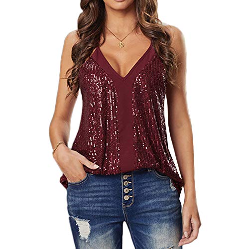 Damen Paillette Top Glitzer Oberteile Shirt Tunika V-Ausschnitt Tank Loose Fit Ärmellos Bluse Casual Vest,Rot,XXL von YOUCAI