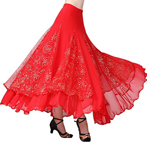 Große Schaukel Maxirock Damen Tanzrock Pailletten Tanzkleider Ballsaal Tanzen Lange Rock Flamenco Kleid Walzer Tango Latein Kostüm,A-Rot,S von YOUCAI