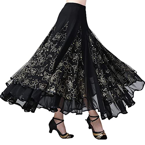 Große Schaukel Maxirock Damen Tanzrock Pailletten Tanzkleider Ballsaal Tanzen Lange Rock Flamenco Kleid Walzer Tango Latein Kostüm,A-Schwarz,M von YOUCAI