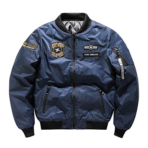 Herren Bomberjacke Übergangsjacke Fliegerjacke Leicht Wattiert Winddichte Jacke Stehkragen College Jacke Pilotenjacke,Blau,L von YOUCAI
