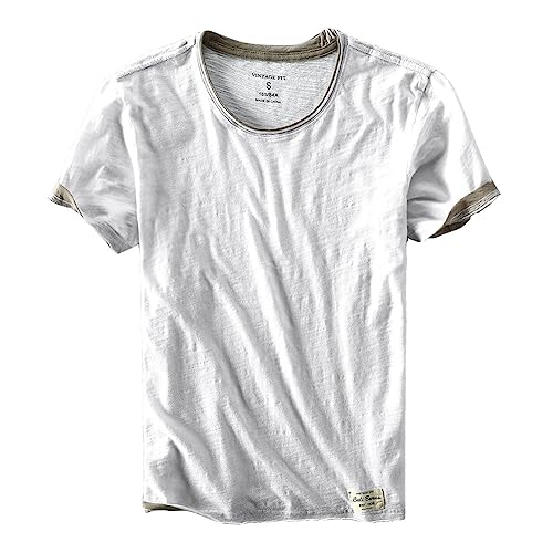 Herren Hippie-Shirts mit Rundhalsausschnitt lässig Kurzarm Solides T-Shirt Sommer-Strandurlaub-Shirt Sommerhemd Freizeithemd Leinenhemd Casual Hemden Weiss L von YOUCAI