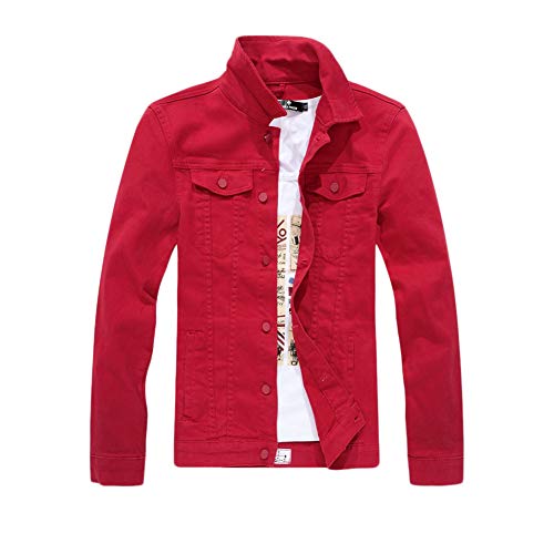 Herren Jeans Hemd Denim Freizeit-Hemd Shirt Vintage Jeans Jacke Slim Fit Knöpfe Einfarbig Top Bluse Mantel Langarm Denim Hemden Übergangsjacke,Rot,M von YOUCAI