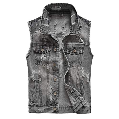 Herren Jungen Weste Jeansweste Denim Weste Vest Jeansjacke ohne Ärmel Freizeit Vintage Outdoors Löcher Distressed Slim Fit Ärmellos Freizeitjacke,Grau,XL von YOUCAI
