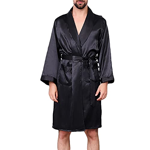 Herren Kimono Satin Robe Langarm Nachtwäsche Negligee Lang Sleepwear V Ausschnitt mit Gürtel,Einteiliges Seidennachthemd Sommer Dünnes Langärmeliges Nachthemd,Schwarz,6XL von YOUCAI