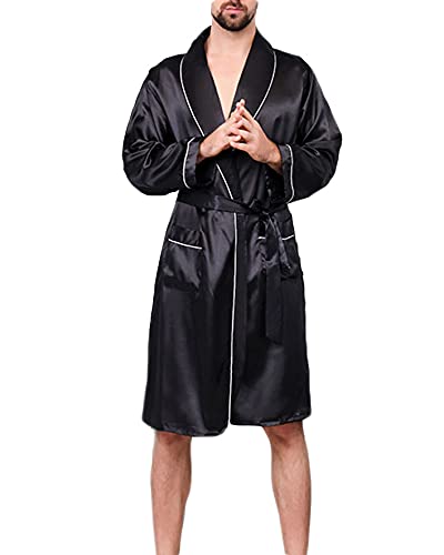 Herren Kimono Satin Robe Langarm Nachtwäsche Negligee Lang Sleepwear V Ausschnitt mit Gürtel,Einteiliges Seidennachthemd Sommer Dünnes Langärmeliges Nachthemd,Schwarz1,7XL von YOUCAI