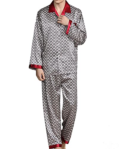 YOUCAI Herren Satin Pyjama Set,Zweiteiliger Bedruckt Schlafanzug Langarm Shirt und Pyjamahose,Frühling,Sommer Und Sommer Langarm-Anzug Plus Size Pyjama,Rot1,XXL von YOUCAI