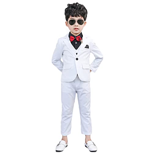 Jungen Anzüge Kinder Schlanke Passform Klassisches Anzug-Set Mit Jacke Sakkos + Hemd + Weste + Hosen + Fliege Gentleman Smoking Hochzeit Festlich Kinderanzug Formal Bekleidung,Weiß1-5 STÜCKE,7-8 von YOUCAI