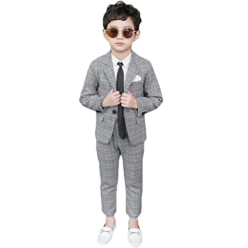 YOUCAI 2-teiliges Jungen Festlichen Anzug Set Kinder Blazer & Hosen Outfit/4-teiliges Jungen Karierten Hemd Krawatte Anzug Set, Freizeitkleidung Hochzeit Festliche Anzüge,Grau-2 STÜCKE,8-9 von YOUCAI