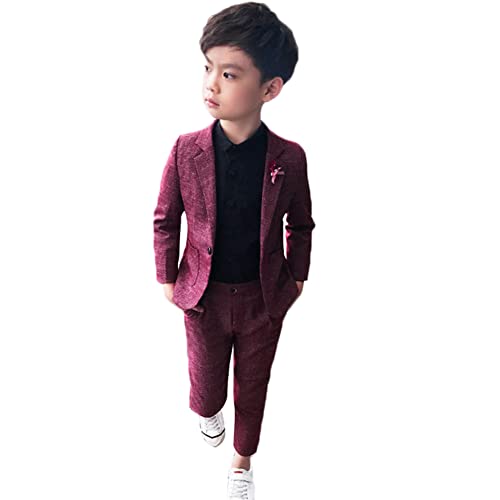 YOUCAI 2-teiliges Jungen Festlichen Anzug Set Kinder Blazer & Hosen Outfit/4-teiliges Jungen Karierten Hemd Krawatte Anzug Set, Freizeitkleidung Hochzeit Festliche Anzüge,Rot-2 STÜCKE,4-5 von YOUCAI