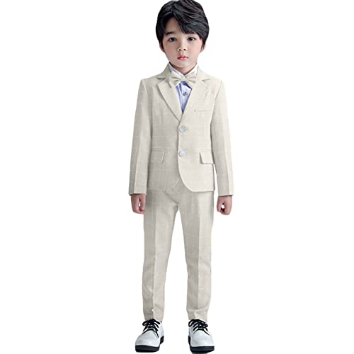 YOUCAI 3/4-Teiliges Jungen Karierten Anzug Set, Jungen Festival Smoking Blazer & Hosen Outfit/Weste & Hosen Outfit, Formelle Kleidung Set,Khaki-4 STÜCKE,8-9 Jahre von YOUCAI