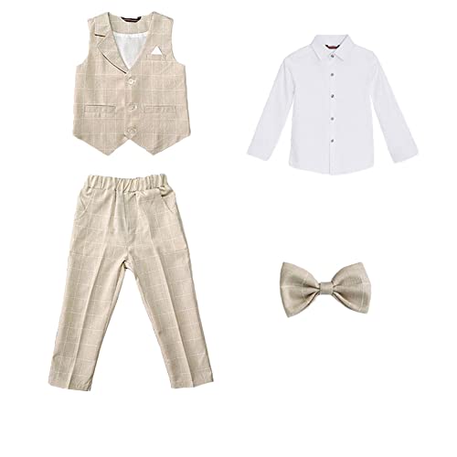 YOUCAI 3/4-Teiliges Jungen Karierten Anzug Set, Jungen Festival Smoking Blazer & Hosen Outfit/Weste & Hosen Outfit, Formelle Kleidung Set,Khaki2-4 STÜCKE,4-5 Jahre von YOUCAI