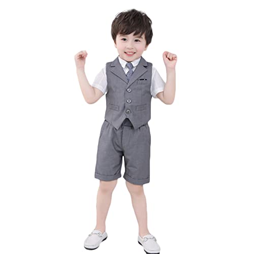 YOUCAI 3/4 teiliges Anzug Set für Kinder Jungen Gentleman Smoking Hochzeit Festlich Kinderanzug Formal Bekleidung (Hemd) + Weste + Hosen + Krawatte Kurzarm Anzug für Sommer,Grau-3 STÜCKE,7-8 von YOUCAI