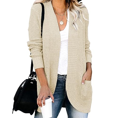 YOUCAI Cardigan Damen Strickmantel Strickjacke Sweater Elegant Langarm Mantel Jacke Tops Outwear Leichter Feinstrickjacke Elegante Strickcardigan,Aprikose,XL von YOUCAI