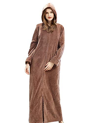 YOUCAI Damen/Herren Soft Twist Morgenmantel extra Länge Robe Fluffy Flanell Fleece Winter Warm Bademantel Nachtwäsche Kapuzenbademantel mit Reißverschluss Kaffee Frauen L von YOUCAI