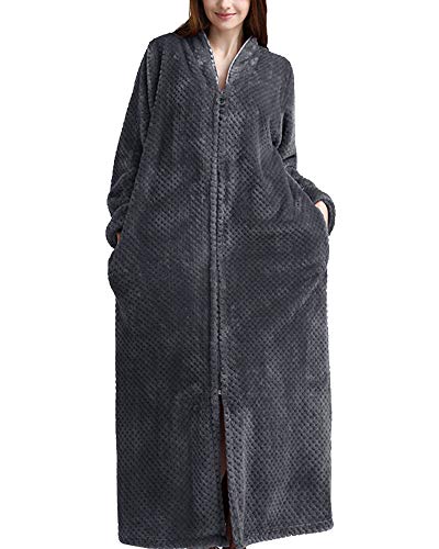 YOUCAI Damen/Herren Zip Up extra Lange Bade-Mantel Flauschig Morgenmantel aus kuschelig warmen und weichen Fleece Waffel mit Reißverschluss Graue Frauen XL von YOUCAI