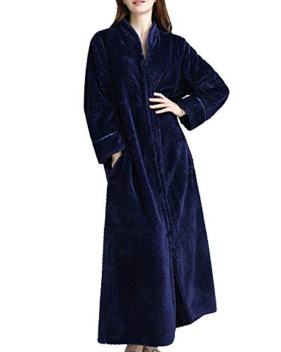 YOUCAI Damen/Herren Zip Up extra Lange Bade-Mantel Flauschig Morgenmantel aus kuschelig warmen und weichen Fleece Waffel mit Reißverschluss Navy Frauen XL von YOUCAI