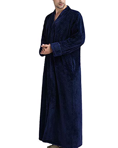 YOUCAI Damen/Herren Zip Up extra Lange Bade-Mantel Flauschig Morgenmantel aus kuschelig warmen und weichen Fleece Waffel mit Reißverschluss Navy Männer M von YOUCAI