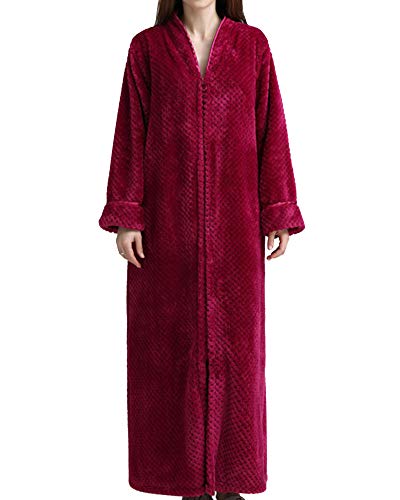 YOUCAI Damen/Herren Zip Up extra Lange Bade-Mantel Flauschig Morgenmantel aus kuschelig warmen und weichen Fleece Waffel mit Reißverschluss Rose M von YOUCAI