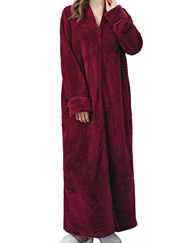 YOUCAI Damen/Herren Zip Up extra Lange Bade-Mantel Flauschig Morgenmantel aus kuschelig warmen und weichen Fleece Waffel mit Reißverschluss Weinrote Frauen L von YOUCAI