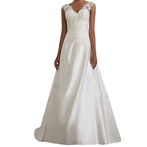 YOUCAI Damen Abendkleider Hochzeitskleid V-Ausschnitt Romantisches Elegant Partykleid Lang Spitze Maxikleid Brautkleider,Weiss,EU36 von YOUCAI