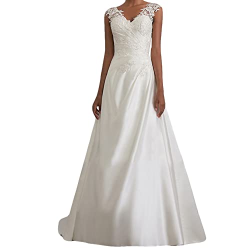 YOUCAI Damen Abendkleider Hochzeitskleid V-Ausschnitt Romantisches Elegant Partykleid Lang Spitze Maxikleid Brautkleider,Weiss,EU48 von YOUCAI