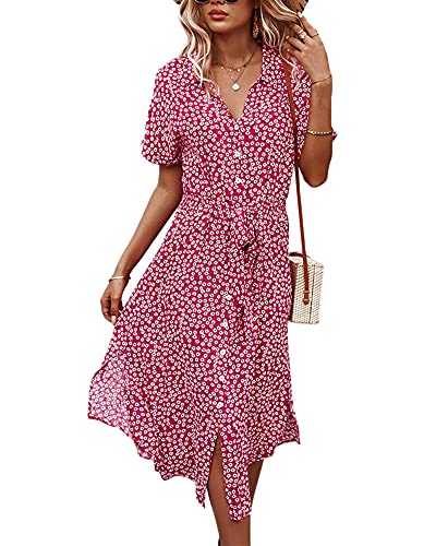 YOUCAI Damen Blumen Sommerkleid Knopf Kurzarm V-Ausschnitt Lose Knielang Kleid Freizeitkleider Midi-Hemdkleid Strandkleider Polka Dots Knopfkleid,Rot,XL von YOUCAI