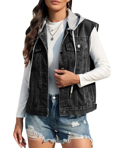 YOUCAI Damen Cowboy-Jeansweste Ärmellose Jeansjacke mit Ziertaschen Vintage-Bikerjacke Gewaschener klassischer Stil Button-Down-Jeansweste Westenoberteil Schwarz grauHood von YOUCAI