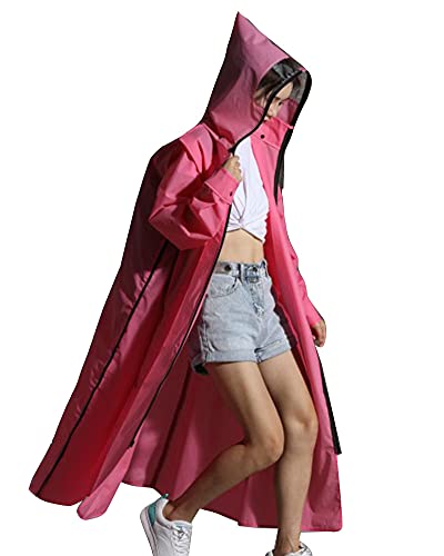 YOUCAI Damen Herren Extra Lange Regenjacke Regenponcho Regenbekleidung mit vollem Reißverschluss, Wiederverwendbar Einfarbig Regenmantel Funktionsjacke mit Kapuze und Elastische Ärmeln Rosa XL von YOUCAI