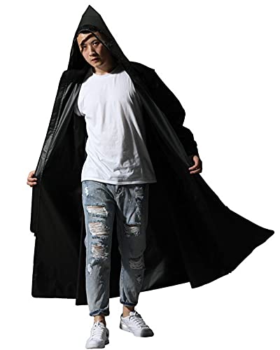 YOUCAI Damen Herren Extra Lange Regenjacke Regenponcho Regenbekleidung mit vollem Reißverschluss, Wiederverwendbar Einfarbig Regenmantel Funktionsjacke mit Kapuze und Elastische Ärmeln Schwarz XXL von YOUCAI