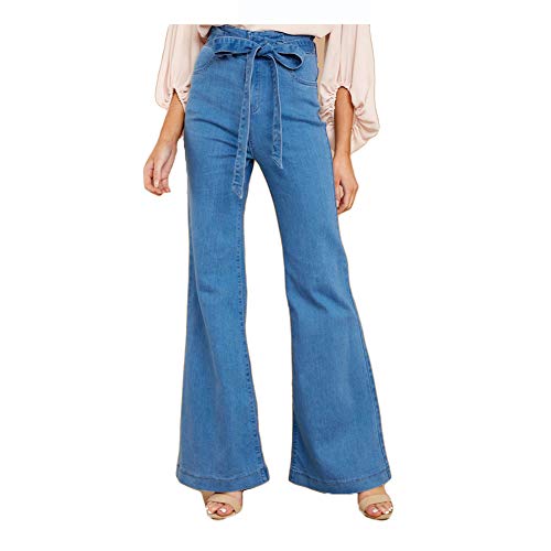 Damen Jeans Lang Hohe Taille Hose Mit Schmetterlingsgürtel, Jeans Slim Fit Skinny Schlaghose Damen, Elegant Bootcut Jeans Denim Einfarbig Freizeithose,Blau,M von YOUCAI