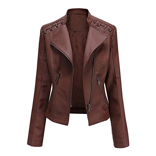 YOUCAI Damen Kruze PU Lederjacke Kunstleder Bikerjacke Damen Motorradjacke mit Reißverschluss für Herbst Frühling Slim Fit Kurze Jacke Kurzmantel Outwear Kaffee 3XL von YOUCAI