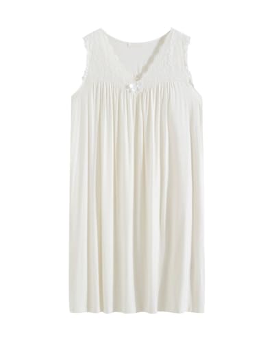 YOUCAI Damen Nachthemd im viktorianischen Vintage-Stil Spitzen-Blumenstickerei V-Ausschnitt Sommer-Nachthemdchen Eleganter Pyjama Locker ärmellos Schlafanzüge Schlafkleid Weiß von YOUCAI