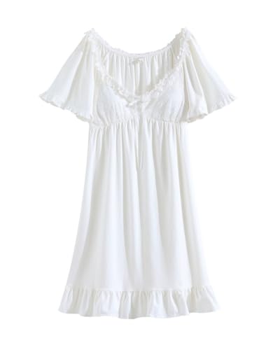 YOUCAI Damen Prinzessin Spitze Blumenstickerei Nachtwäsche V-Ausschnitt Nachthemd Sommer Kurze Ärmel Palaststil dünnes Pyjamakleid Viktorianisches Nachthemd mit Brustpolstern Sleepshirt Weiß von YOUCAI