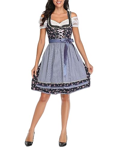 YOUCAI Damen Trachtenkleid Kurz Dirndl 3tlg Kostüm-Set Oktoberfest Outfit Arbeitskleidung Dirndlkleid,Bluse,Schürze für Oktoberfest Bavarian Karneval,Blau,XL von YOUCAI