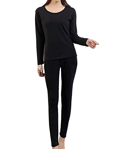 YOUCAI Damen Übergröße Winter Warm Thermo-Unterwäsche-Anzug Ultra weich Einfarbig Rundhalsausschnitt-Tops Thermohemd und Thermounterhose Set Skiunterwäsche mit Innenfleece Schwarz XXL von YOUCAI