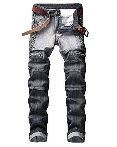 YOUCAI Herren Denim Zerrissene Biker-Jeanshose Streetwear Persönlichkeit Falten Slim Fit Elastizität Tapered Jeans mit Reißverschluss(kein Gürtel) 7802Dunkelgrau 38W von YOUCAI