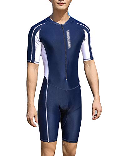 YOUCAI Herren Einteilig Trainings Badeanzug Kurzarm Rundhals Kontrast Surfanzug Badebekleidung Plus Size Bodysuit Shorty Neoprenanzug Schnelltrocknend Surfbekleidung Navy 3XL von YOUCAI