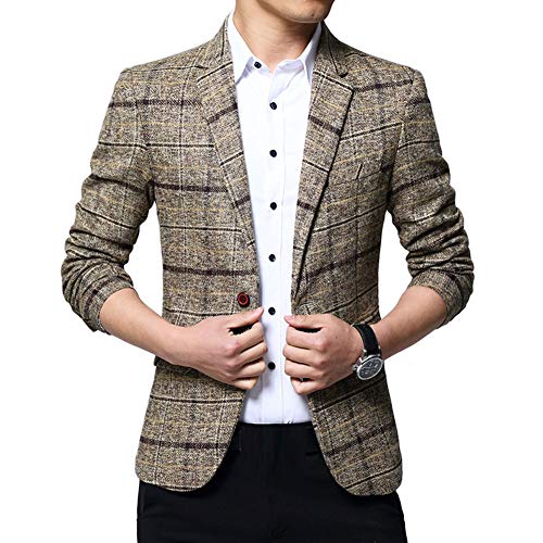 YOUCAI Herren Freizeit Sakko Slim Fit Business Hochzeit Blazers Party Herrenanzug Tartanjacke Anzugjacke Klassisch Revers Suit Blazer,Khaki,3XL von YOUCAI