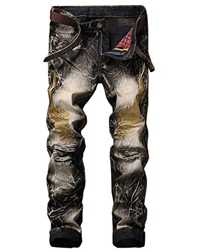 YOUCAI Herren Freizeithose Denim Slim Fit Röhrenjeans mit gesticktem Goldflügel Zerrissene Retro Stretch Skinny Jeanshose Denim-Hosen mit Rissen an den Knien(kein Gürtel) Jahrgang 31W von YOUCAI