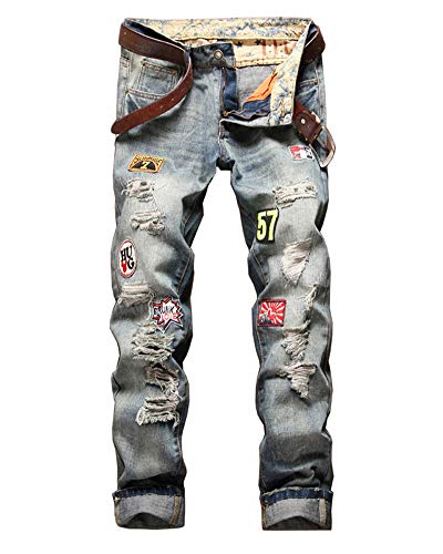 YOUCAI Herren Lange Jeanshose Slim-Fit Distressed Ripped Frayed Destroyed Skinny Fit Freizeithose Stretch Denim Biker Hose mit Abzeichen Stickerei(kein Gürtel) Blau 32W von YOUCAI