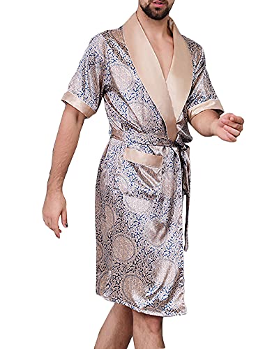 YOUCAI Herren Morgenmantel Kimono Bademantel Satin Lang Nachtwäsche Robe Gedruckt Strickjacke Japanische Pyjamas Nachtwäsche V Ausschnitt mit Taschen und Gürtel,Blau Golden,5XL von YOUCAI