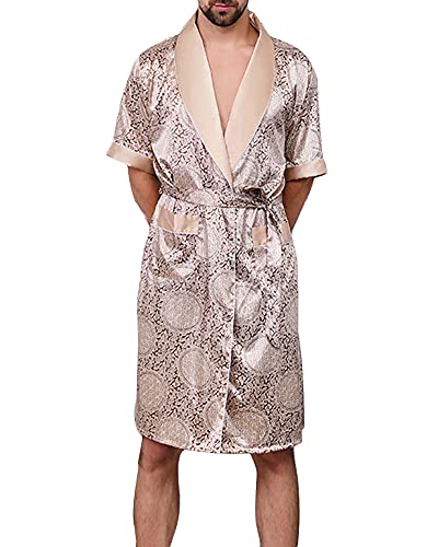 YOUCAI Herren Morgenmantel Kimono Bademantel Satin Lang Nachtwäsche Robe Gedruckt Strickjacke Japanische Pyjamas Nachtwäsche V Ausschnitt mit Taschen und Gürtel,Golden,5XL von YOUCAI