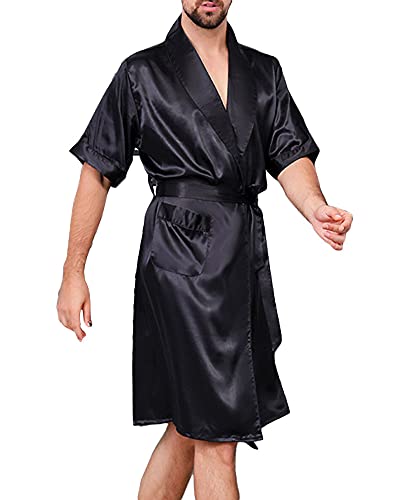 YOUCAI Herren Morgenmantel Kimono Bademantel Satin Lang Nachtwäsche Robe Gedruckt Strickjacke Japanische Pyjamas Nachtwäsche V Ausschnitt mit Taschen und Gürtel,Schwarz,XXL von YOUCAI