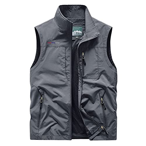 YOUCAI Herren Outdoor Weste Ärmellose Anglerweste Freizeit Jagd Weste Camping Wander Weste Jacke Multifunktionsweste Leicht Safari Weste Jacke,Grau,XL von YOUCAI