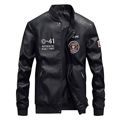 YOUCAI Herren PU Lederjacke Baseball Jacke mit Stehkragen Motorradjacke Bikerjacke mit Reißverschluss Kunstlederjacke Herren Lederjacke für Frühling und Herbst Schwarz 3XL von YOUCAI