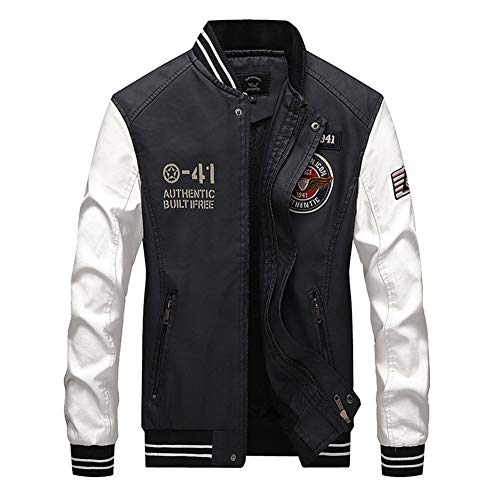 YOUCAI Herren PU Lederjacke Baseball Jacke mit Stehkragen Motorradjacke Bikerjacke mit Reißverschluss Kunstlederjacke Herren Lederjacke für Frühling und Herbst Schwarz und weiß L von YOUCAI