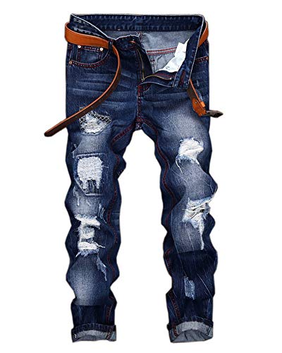 YOUCAI Herren Persönlichkeit Slim Fit Denim Jeans Biker Zerstörte Zerrissene Gewaschene Hose Destroyed Wrecked Knee (kein Gürtel) Blau 32W von YOUCAI