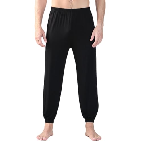 YOUCAI Herren Pyjamahose Lang Schlafanzughosen Nachtwäsche Leichte Freizeithose Sweatpants mit Bündchen Einfarbige Pyjamahose Schlafhose Haushose,Schwarz,5XL von YOUCAI
